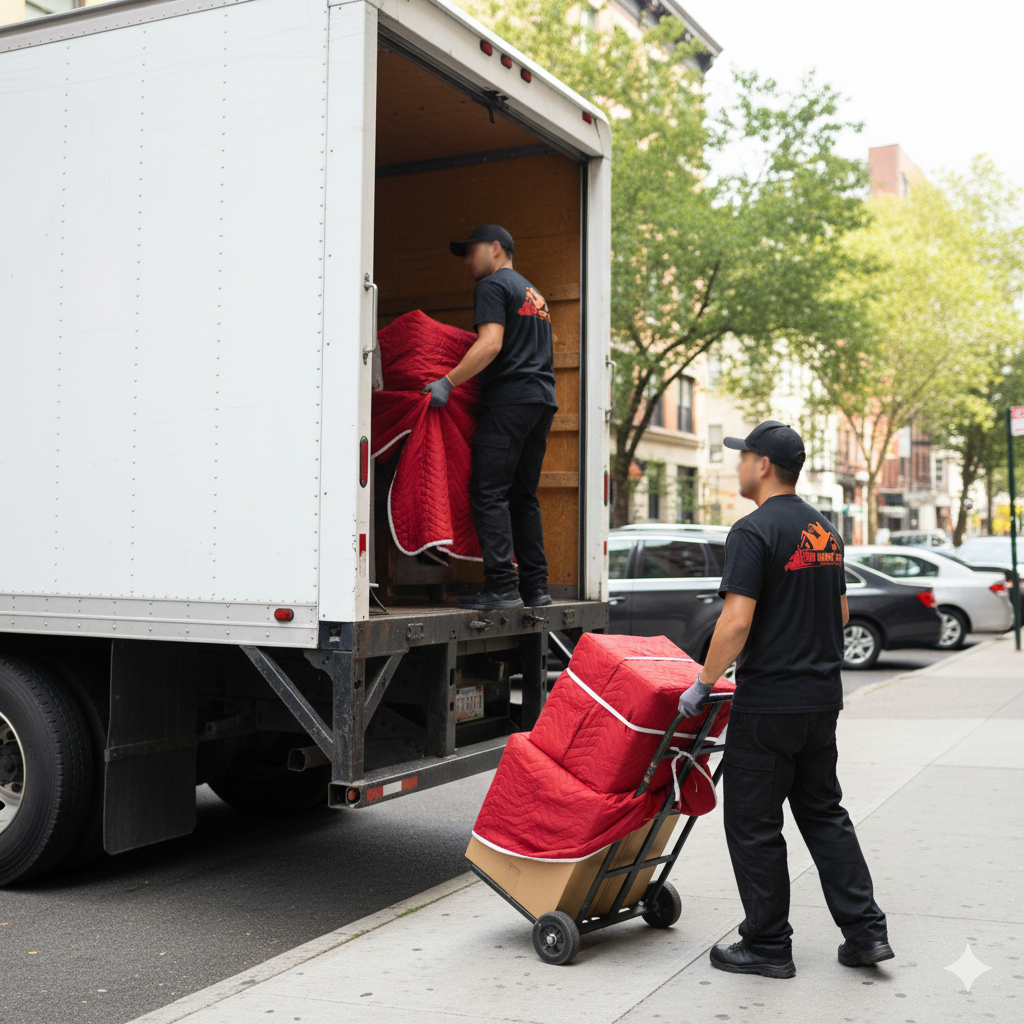 Professional movers from MoveHomeFast carefully wrapping a sofa in a Mississauga home